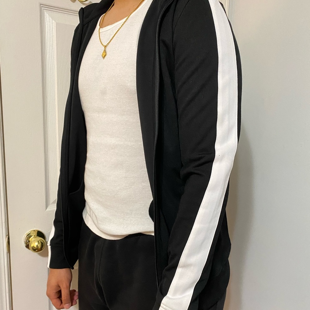 Black Track Jacket with White Striped Sleeves